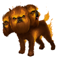 A cute fire cerberus. The middle head looking menacing, the left head is looking for their next meal, as the right head is waiting to play catch.